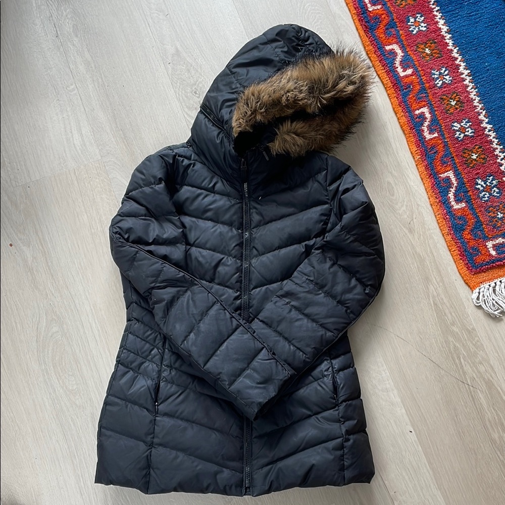 Women's Black Hooded Jacket with Faux Fur Trim